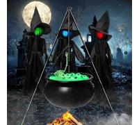 SageFurned Grande chaudron de sorcière d'extérieur pour Halloween avec éclairage vert - Construction en fer solide pour cour et jardin