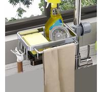 SageFurned Organiseur d'évier de cuisine multifonction sans perçage, égouttoir à vaisselle et porte-serviettes pour éponges et torchons, étagère de rangement pour robinet peu encombrant, noir, gris ou