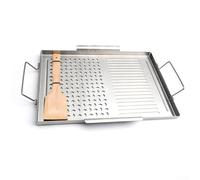 SageFurned Plaque de barbecue en acier inoxydable avec revêtement anti-adhésif - Grande poêle de cuisson avec poignées en bois pour intérieur et extérieur - 43 x 29 cm - Argenté
