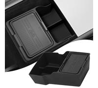 SageFurned Plateau de rangement pour console centrale double couche pour Tesla Model Y Juniper 2025, TPE antidérapant avec compartiments supérieur et inférieur, noir
