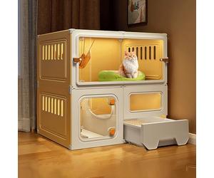 SAGGION Niche Chat Interieur Respirant Cage Trappe Chat en Résine + PP, Maison pour Chat Transparente avec Bac Litière pour Chat Fermé 6 Tailles 2 Couleurs(Yellow+White,70 * 45 * 70cm)