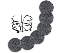 Sagittar Lot de 6 Dessous de Verre Absorbants Ronds Avec Support - Faits à la Main en Corde de Coton Épais - Pour la Maison et la Cuisine