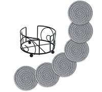 Sagittar Lot de 6 dessous de verre avec support, dessous de verre rond fait à la main en corde de coton épaisse, gris clair