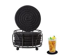 Sagittar Lot de 6 dessous-de-verre avec support en corde de coton épaisse tressée faite à la main Noir, Coasters with Holder