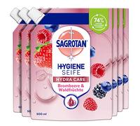 Sagrotan Lot de 6 recharges de savon pour les mains (avec parfum frais de mûres et fruits des bois, savon liquide antibactérien, dans un pack avantageux pratique) 500 ml