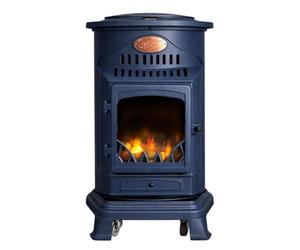 Sahara - Poêle à gaz 3,4KW Fonte véritable - Chauffage d'appoint Design Traditionnel Bleu Saphir Mat - Effet feu de Bois, Mobile sur roulettes Provence
