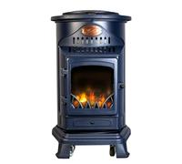 Sahara - Poêle à gaz 3400 W Fonte véritable - Chauffage d'appoint Design Traditionnel Bleu Marine - Effet feu de Bois, Mobile sur roulettes Provence