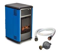 Sahara - Poêle à gaz 3400W Bleu et Noir effet poêle à bois Manhattan Chauffage d'appoint + Tuyau gaz + Détendeur butane