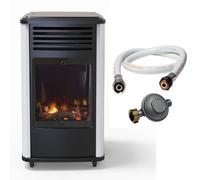 Sahara - Poêle à gaz Mobile 3400W Effet feu de Bois - Chauffage d'appoint gaz Blanc & Noir + Tuyau gaz + Détendeur Butane Manhattan