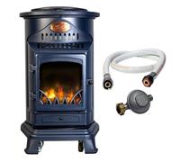 Sahara - Poêle à gaz Provence 3,4kW Bleu Marine Mat Effet poêle à Bois Fonte véritable Chauffage d'appoint + Tuyau gaz et détendeur
