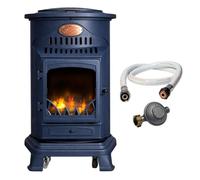 Sahara - Poêle à gaz Provence 3,4kW Bleu Saphir Mat Effet poêle à Bois Fonte véritable Chauffage d'appoint + Tuyau gaz et détendeur