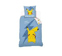 Sahinler Parure De Lit Pikachu Réversible Enfant - Housse De Couette 140x200 cm + Taie d'oreiller 63x63 cm - Bleu - 100% Coton NI-0223