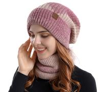Sahunfri Ensemble bonnet et écharpe pour femme - Bonnet souple et écharpe d'hiver pour femme, parfait pour temps froid, tricot acrylique doux, confortable et élégant, cadeau pour femme, rose, taille