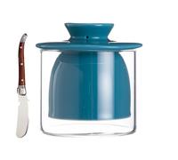 SaiDuoDuo Beurrier en porcelaine, pot à beurre avec couvercle en verre et couteau à beurre en acier inoxydable, pot à beurre pour comptoir avec ligne d'eau,Blue green