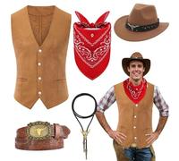 Saier tbo 5 Pièces Cowboy Costume Accessoires pour Hommes, Western Cowboy Fancy Dress Set avec Chapeau Gilet Bandana Bolo Boucle Ceinture Collier pour Carnaval Cosplay Fantaisie