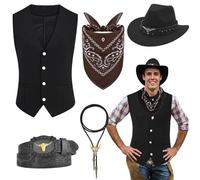 Saier tbo 5 Pièces Cowboy Costume Accessoires pour Hommes, Western Cowboy Fancy Dress Set avec Chapeau Gilet Bandana Bolo Boucle Ceinture Collier pour Carnaval Cosplay Fantaisie(Noir.M)