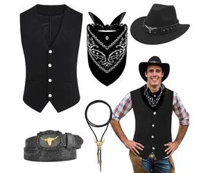 Saier tbo 5 Pièces Cowboy Costume Accessoires pour Hommes, Western Cowboy Fancy Dress Set avec Chapeau Gilet Bandana Bolo Boucle Ceinture Collier pour Carnaval Cosplay Fantaisie(Noir.M)