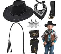 Saier tbo 7 Pièces Set Déguisement de Cowboy pour Enfants, Kit d'accessoires de Cowboy du Far West avec Chapeau Bandana Étui Ceinture Fouet pour Garçons Filles Carnaval Halloween Cosplay