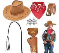Saier tbo 7 Pièces Set Déguisement de Cowboy pour Enfants, Kit d'accessoires de Cowboy du Far West avec Chapeau Bandana Étui Ceinture Fouet pour Garçons Filles Carnaval Halloween Cosplay
