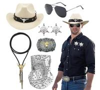 Saier tbo 7 Pièces Westen Cowboy Costume Set pour homme, Blanc Rétro Kit d'accessoires de Cowboy avec Chapeau Masque Lunettes Collier et Badge pour Halloween carnaval Cosplay (Blanc)