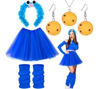 Saier tbo Lot de 5 costumes de monstre ramasse-miettes pour femme - Accessoires avec monstre miettes - Serre-tête - Boucles d'oreilles - Collier bleu - Jupe en tulle - Jambières pour adultes