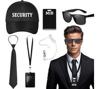 Saier tbo Lot de 6 accessoires de costume d'agent, pour homme et femme, noir, avec chapeau, cravate, lunettes de soleil, carte d'identité, écouteurs, porte-cartes, pour homme et femme, cosplay, fête à