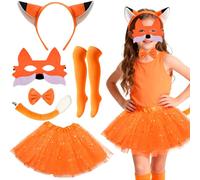 Saier tbo Lot de 6 costumes de renard animal, costume de renard, costume de carnaval, avec oreilles de renard, bandeau, masque nœud papillon, orange, tutuRock bas queue pour fille, fête à thème