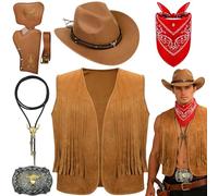 Saier tbo Lot de 7 accessoires de cowboy, pour homme avec chapeau, gilet à pompons, bandana, boucle bolo, ceinture, holster, pour carnaval, fantaisie, cosplay (marron)