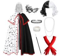 Saier tbo Lot de 8 costumes Cruella pour femme - Perruque noire et blanche - Kit diable avec cape, perruque, gants, masque, collier, bracelet à cigarettes - Pour Halloween, carnaval, fête à thème