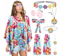 Saier tbo Lot de 8 costumes hippie pour femme - Style années 70 - Flower Power - Vêtements avec poncho, bandeau, jambières, collier, lunettes, bandeau, boucles d'oreilles, bracelet pour carnaval