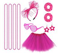 SAIIURV 10 Pièces Déguisement Année 80 Accessoire, Jupe Tutu, Collier, Nœud en Dentelle, Bandeau, Boucles D'oreilles, 80s Disco Costume Vetement Fête, Année Thème Soirée Carnaval pour Enfants (Rose)