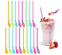 SAIIURV 18 Pièces Pailles Cuillère Réutilisable, 2 en 1 Cuillère à Paille Réutilisable, Cuillères à Paille Plastique Coloré, Pailles Enfants pour Smoothies Laits Frappés Cocktail (18PCS)