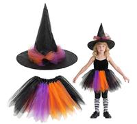 SAIIURV 2 Pièces Costume Sorcière Enfant, Tutu Sorcière et Chapeau Sorciere, Sorcière Déguisement, Party Les Filles Halloween Sorcière Costume pour 3-12, pour Halloween Cosplay Fête Carnaval