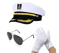 SAIIURV 3 Pièces Chapeau Capitaine Bateau Adulte, Casquette de Marin Réglable, avec Gants Marine, Lunettes de soleil, pour Bateau Costume Accessoires Femmes et Homme Fête Halloween Cosplay (Blanc)