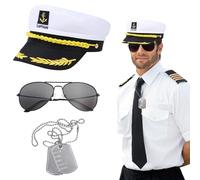 SAIIURV 3 Pièces Déguisement Matelot, Amiral Capitaine Marin Chapeau Bateau Skipper de Yacht avec Lunettes de Soleil Étiquette de Chien, Costume Capitaine Marine pour Homme Cosplay Carnaval Fête