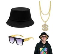 SAIIURV 3 Pièces Kit de Costume Hip Hop avec Lunettes de Soleil Chapeau et Or Signe de Dollar Collier, Costume de Proxénète, 80s 90s Accessoires de Rappeur pour Carnaval et Fête à Thème (Noir, Or)