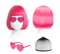 SAIIURV 3 Pièces Perruque Femmes, Perruque Cabaret, Mi-longue, Perruque Bob Wig Cabaret, Cheveux Synthétiques avec Bonnet et Lunettes de Soleil, Fête à Thème, Carnaval, Soirée Déguisée, Costume (Rose)