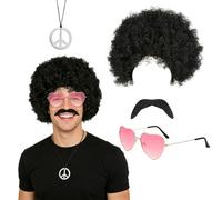 SAIIURV 4 Pièces Accessoires de Coiffure Hippie Rétro des Années 70 avec Lunettes Collier de Paix Moustaches Perruque Afro Funky pour Hommes Carnaval Halloween Fête
