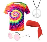 SAIIURV 4 Pièces Deguisement Annees 80 70 60s Deguisement Hippie Homme T Shirt Lunettes Collier, Soirée Déguisée, Accessoires Hippie Costume, Accessoire pour Fête à Thème ou Carnaval (Multicolore)