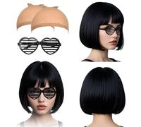 SAIIURV 4 Pièces Noir Straight Bob Wig With Bangs Perruque Coupe au Carré Classique Humain Naturelle Bob Perruque Cosplay fête Tenue Quotidienne(Noir)