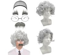 SAIIURV 5 Pcs Costume Scientifique Set Perruque Grise avec Barbe Lunettes Bonnet de Perruque Perruque Homme Perruque Grand père Costume Professeur pour Cosplay Fête Halloween Carnaval(Gris)