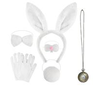 SAIIURV 6 Pièces Blancs Déguisement Lapin Enfant Adulte, Oreille de Lapin, Queue de Lapin, Nez, Nœud Papillon, Gants, Horloge, Costume de Lapin pour Carnaval Pâques Party Halloween (6 Pièces)