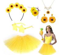 SAIIURV 6 Pièces Costume Tournesol pour Femmes, Jupe en Tulle Jaune, Bandeau Tournesol, Tournesol Boucles D'Oreilles, Colliers,Bracelets, Costume de Tournesol pour Party Costumes, Fête à Thème (Jaune)