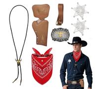 SAIIURV 7 Pièces Cowboy Costume Accessoires Set, Western Cowboy Cosplay Costume Set avec Bandana Etui Ceinture Boucle Bolo Cravate Collier Badge, Déguisement pour Adulte Hippie Carnaval (Marron)