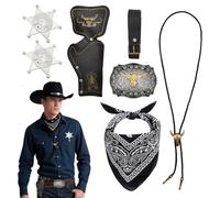 SAIIURV 7 Pièces Cowboy Costume Accessoires Set, Western Cowboy Cosplay Costume Set avec Bandana Etui Ceinture Boucle Bolo Cravate Collier Badge, Déguisement pour Adulte Hippie Carnaval Cosplay (Noir)