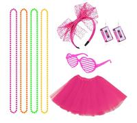 SAIIURV 8 Pièces Déguisement Année 80 Accessoire Femme, Jupe Tutu, Collier, Nœud en Dentelle, Bandeau, Boucles D'oreilles, 80s Disco Costume Vetement Fête, Année Thème Soirée Carnaval (Multicolore)