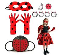 SAIIURV 8 Pièces Deguisement Ladybug Coccinelle, Deguisement Ladybug Masque Gants Sac Elastique Cheveux Boucle D'oreille, Costume avec Masque pour Carnaval, Halloween ou Cadeau Noël (Rouge, Noir)
