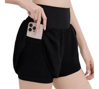 SAIIURV Pantalones Cortos de Cintura Alta Para Mujer Pantalones Cortos Deportivos 2 en 1 Para Correr Con Bolsillo, (FR/ES, Letras, Talla única, Regular, Regular, Negro)