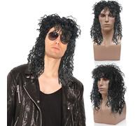 SAIIURV Perruque Homme Noir mulet 70s 80S Halloween Costumes à bascule Dude Perruque pour Carnaval Halloween Costume Party Perruque Punk Perruque nuque longue Rock Star Cosplay (Noir)