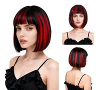 SAIIURV Perruque Vampire Femme Perruques Courtes Bob Femme Perruque Noire Rouge Perruques Halloween Accessoires Costume Vampire Maléfique Gothique pour Halloween Carnaval Fête Cosplay (Noir Rouge)